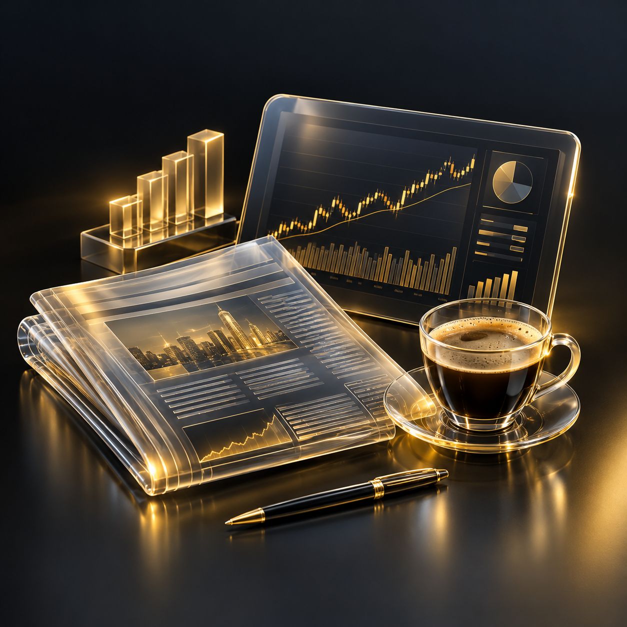 Financial newspaper tablet with charts and coffee on a desk
