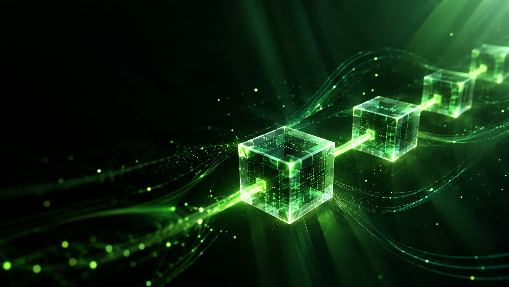 Chain of glowing transparent cubes connected by light links